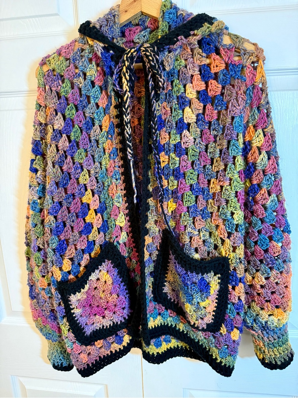 Handmade Multicolor Crochet Hooded Hexagon Cardigan with Black Trim